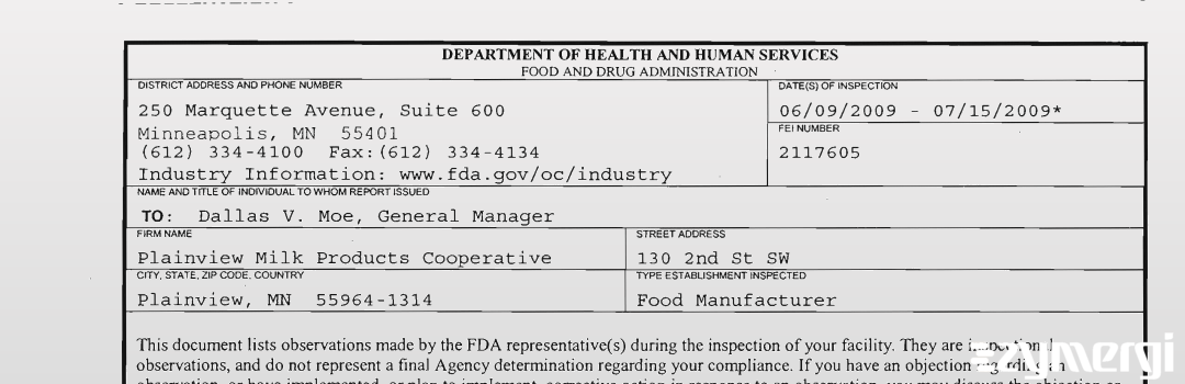 FDANews 483 Plainview Milk Products Cooperative Jul 15 2009 top