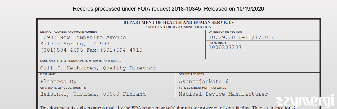 FDANews 483 Planmeca Oy Nov 1 2018 top