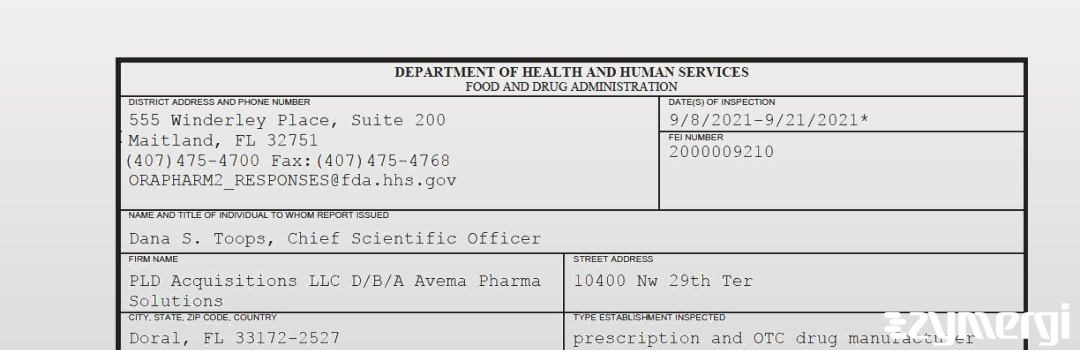 FDANews 483 PLD Acquisitions LLC D/B/A Avema Pharma Solutions Sep 21 2021 top