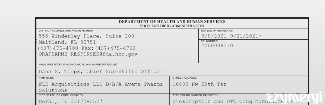 FDANews 483 PLD Acquisitions LLC D/B/A Avema Pharma Solutions Sep 21 2021 top
