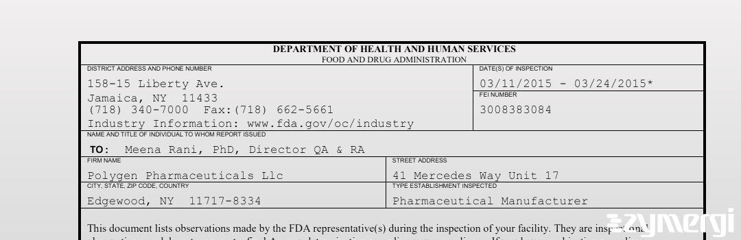 FDANews 483 Polygen Pharmaceuticals Llc Mar 24 2015 top