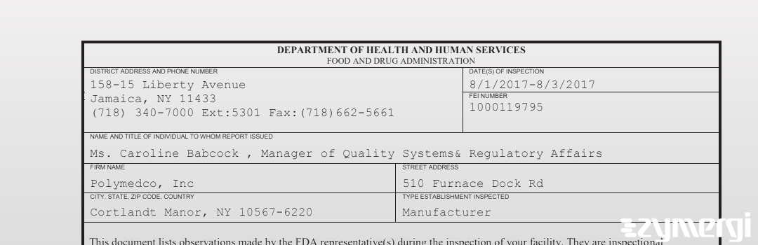 FDANews 483 Polymedco, Inc Aug 3 2017 top