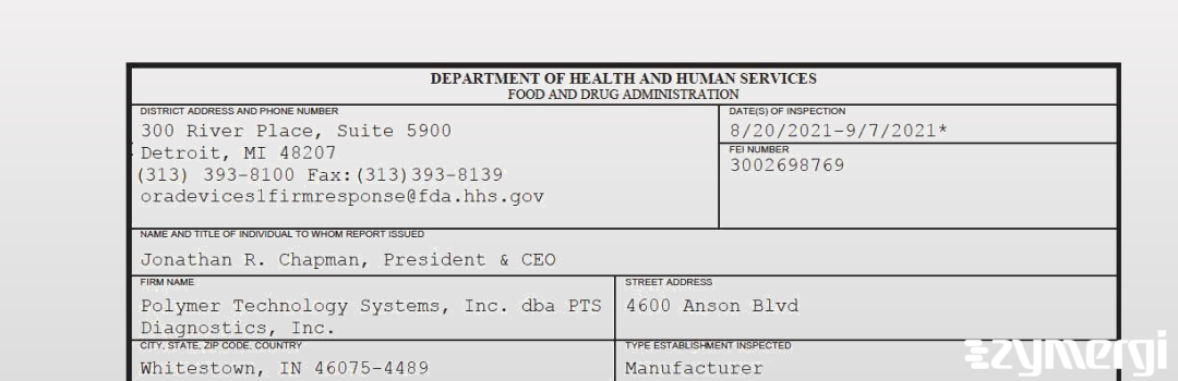 FDANews 483 Polymer Technology Systems, Inc. dba PTS Diagnostics, Inc. Sep 7 2021 top