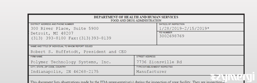 FDANews 483 Polymer Technology Systems, Inc. Feb 15 2019 top