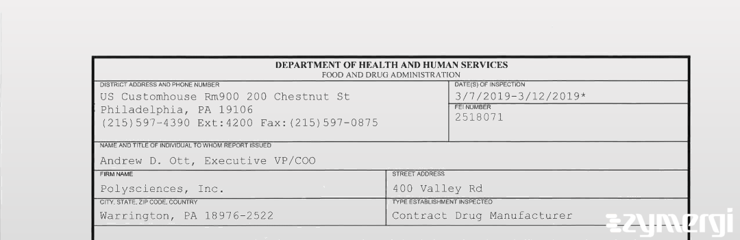 FDANews 483 Polysciences, Inc. Mar 12 2019 top