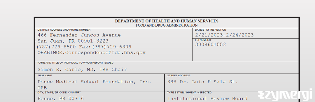 FDANews 483 Ponce Medical School Foundation, Inc. IRB Feb 24 2023 top