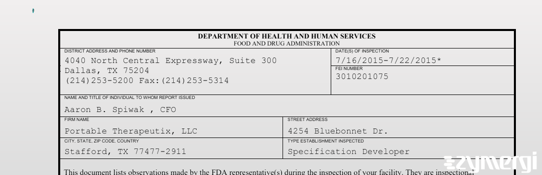 FDANews 483 Portable Therapeutix Jul 22 2015 top