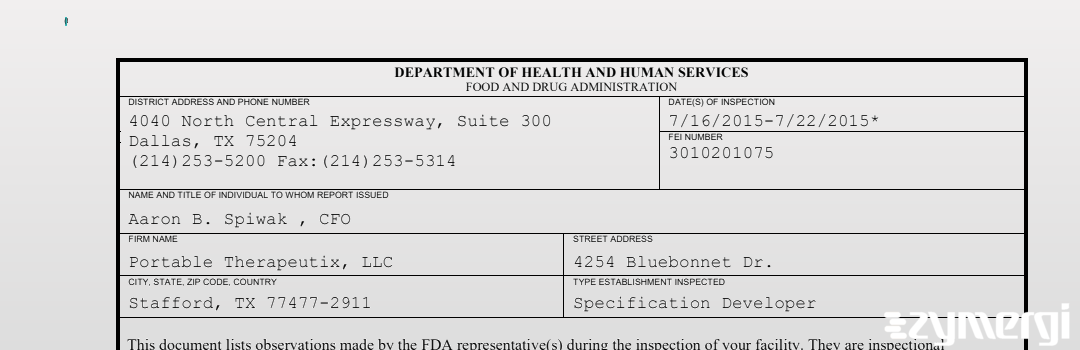 FDANews 483 Portable Therapeutix Jul 22 2015 top