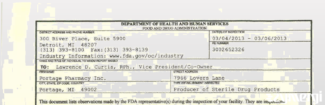 FDANews 483 Portage Pharmacy Inc. Mar 6 2013 top