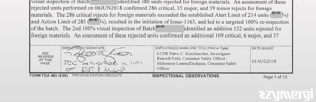Patric C. Klotzbuecher FDA Investigator Mekonnen Lemma Dechassa FDA Investigator Ramesh B. Potla FDA Investigator