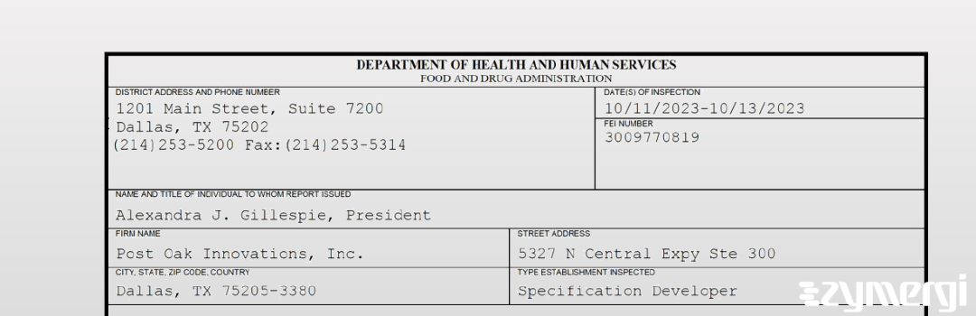 FDANews 483 Post Oak Innovations, Inc. Oct 13 2023 top
