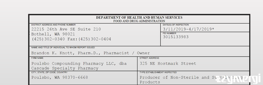 FDANews 483 Poulsbo Compounding Pharmacy LLC, dba Cascade Specialty Pharmacy Apr 17 2019 top