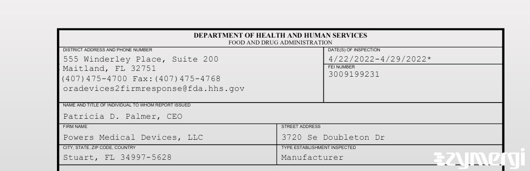 FDANews 483 Powers Medical Devices, LLC Apr 29 2022 top