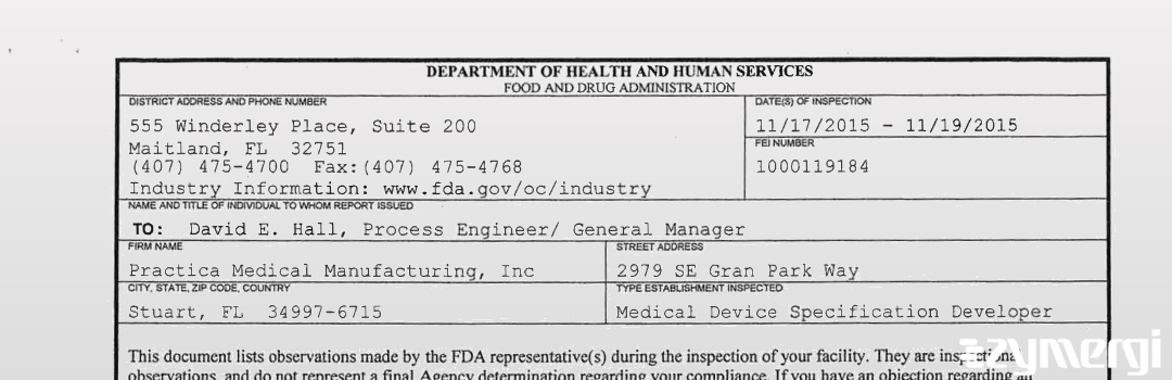 FDANews 483 Practica Medical Manufacturing, Inc Nov 19 2015 top