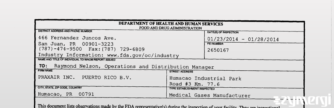 FDANews 483 PRAXAIR INC. PUERTO RICO B.V. Jan 28 2014 top