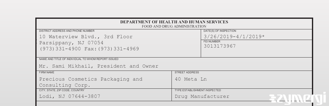 FDANews 483 Precious Cosmetics Packaging and Consulting Corp. Apr 1 2019 top