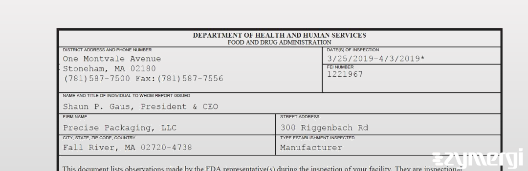 FDANews 483 Precise Packaging LLC Apr 3 2019 top