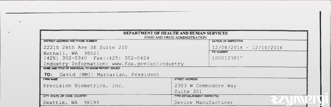 FDANews 483 Precision Biometrics, Inc. Dec 10 2014 top