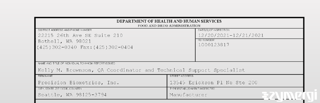 FDANews 483 Precision Biometrics, Inc. Dec 21 2021 top