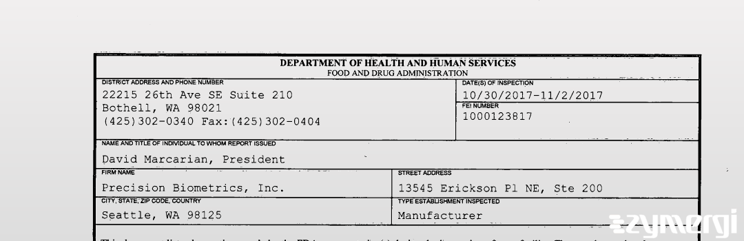 FDANews 483 Precision Biometrics, Inc. Nov 2 2017 top
