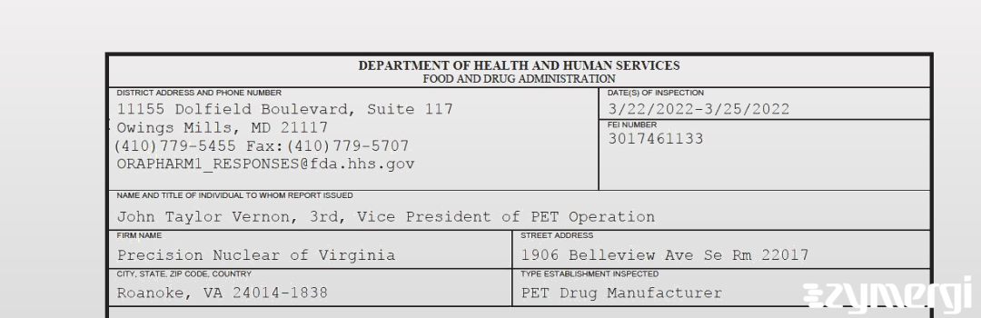 FDANews 483 Precision Nuclear of Virginia Mar 25 2022 top