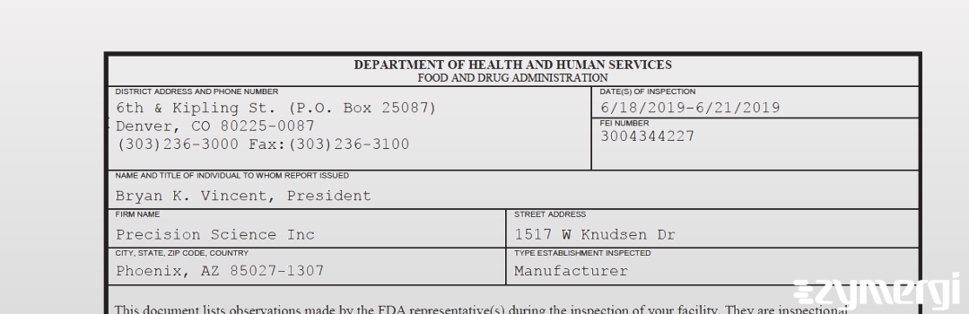 FDANews 483 Precision Science Inc Jun 21 2019 top