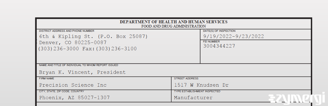 FDANews 483 Precision Science Inc Sep 23 2022 top