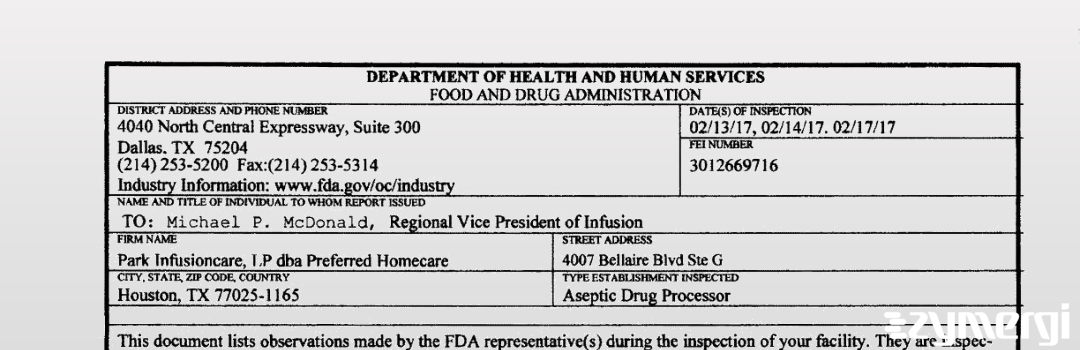 FDANews 483 Preferred Homecare (Park Infusioncare LP) Feb 17 2017 top