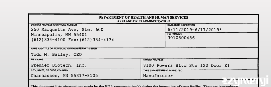 FDANews 483 Premier Biotech, Inc. Jun 17 2019 top