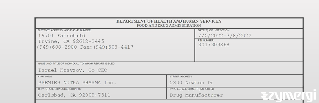 FDANews 483 PREMIER NUTRA PHARMA Inc. Jul 8 2022 top