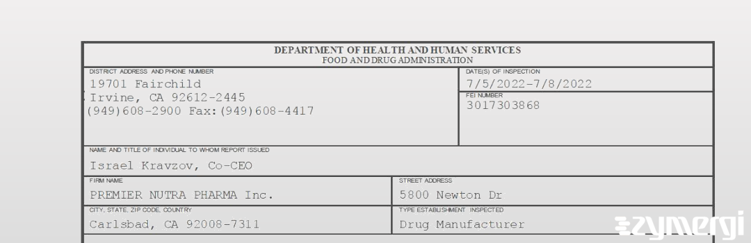 FDANews 483 PREMIER NUTRA PHARMA Inc. Jul 8 2022 top