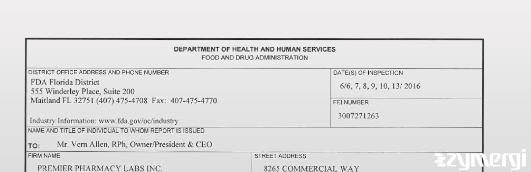 FDANews 483 Premier Pharmacy Labs Inc Jun 13 2016 top