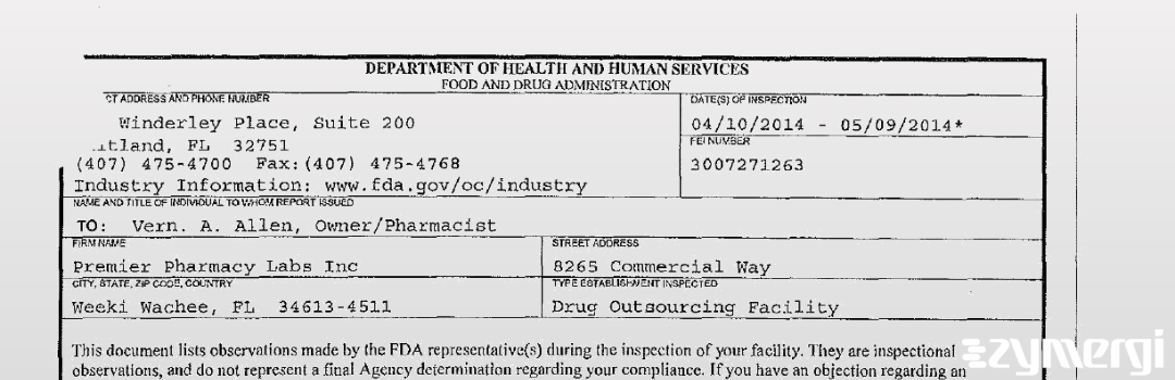 FDANews 483 Premier Pharmacy Labs Inc May 9 2014 top