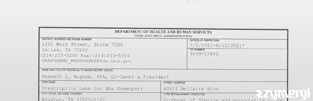 FDANews 483 Prescription Labs Inc dba Greenpark Aug 12 2021 top