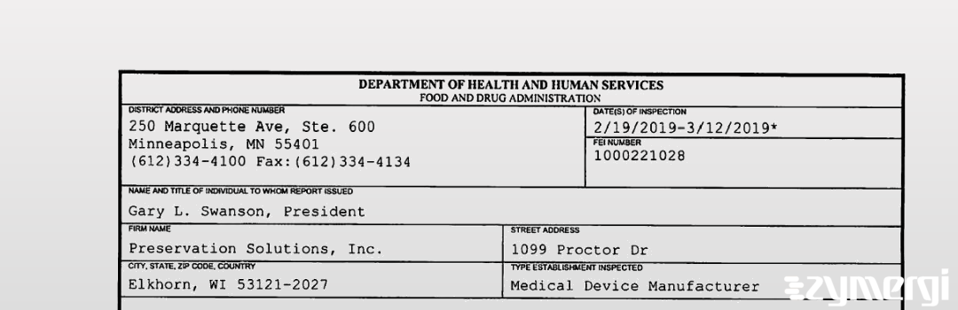 FDANews 483 Preservation Solutions, Inc. Mar 12 2019 top