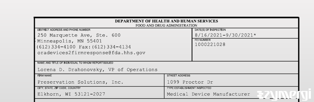 FDANews 483 Preservation Solutions, Inc. Sep 30 2021 top