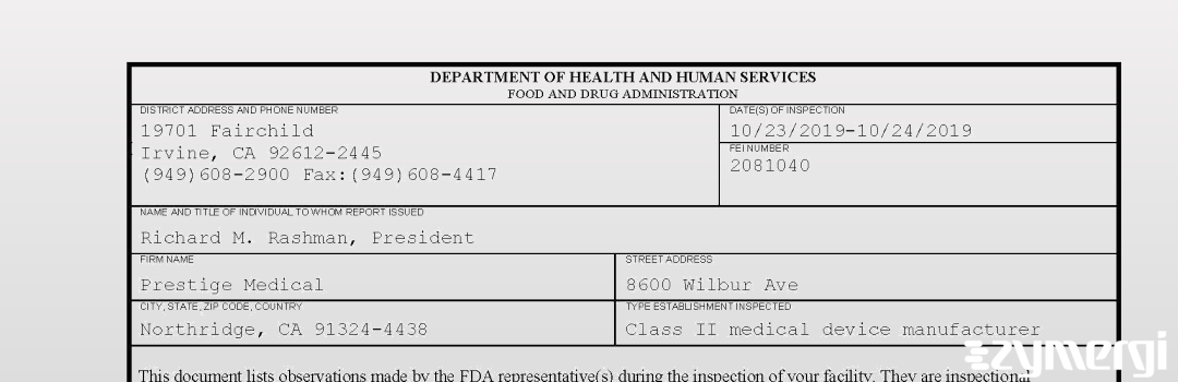 FDANews 483 Prestige Medical Oct 24 2019 top