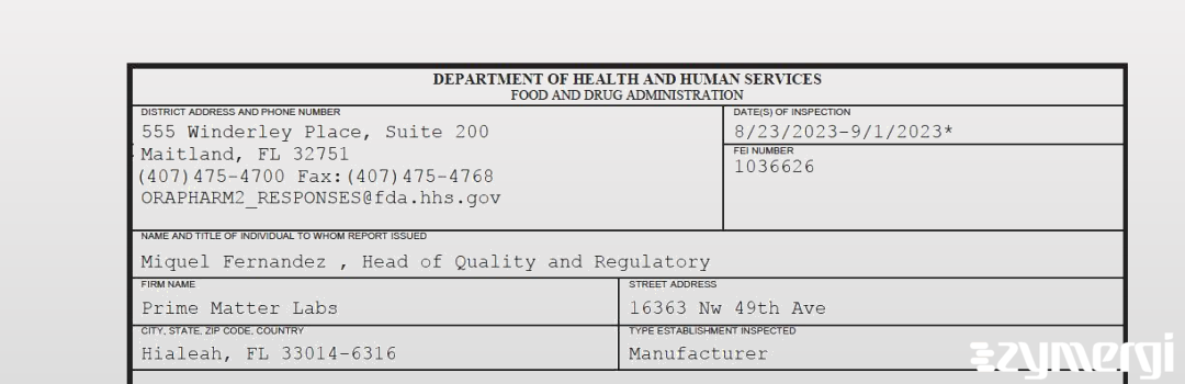 FDANews 483 Prime Matter Labs Sep 1 2023 top