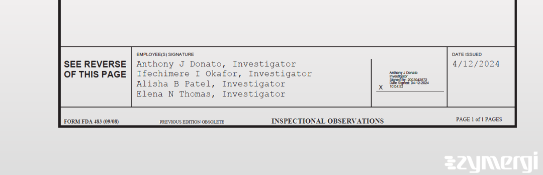 Anthony J. Donato FDA Investigator Alisha B. Patel  Ifechimere I. Okafor  Elena N. Thomas  