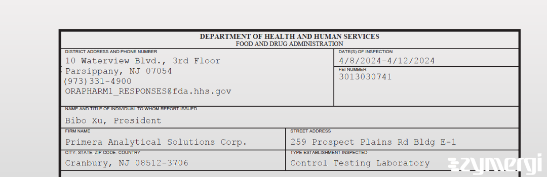 FDANews 483 Primera Analytical Solutions Corp. Apr 12 2024 top