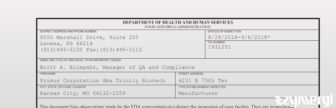 FDANews 483 Primus Corporation dba Trinity Biotech Sep 6 2018 top