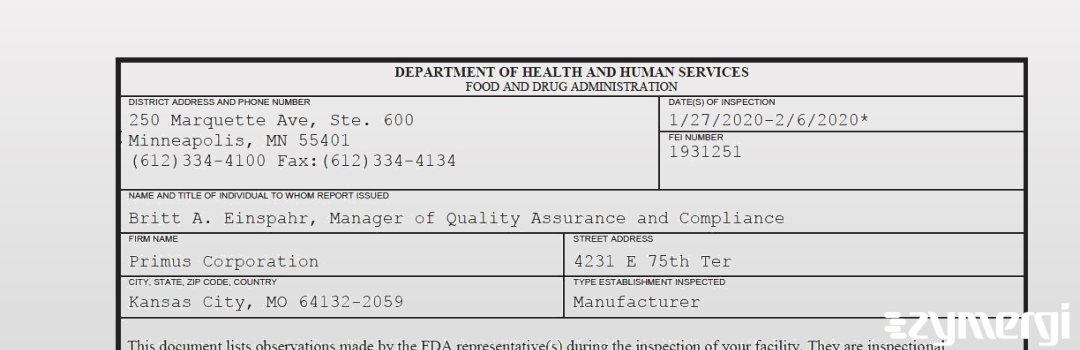 FDANews 483 Primus Corporation Feb 6 2020 top