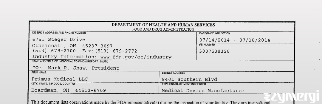 FDAzilla 483 Primus Medical LLC Jul 18 2014 top