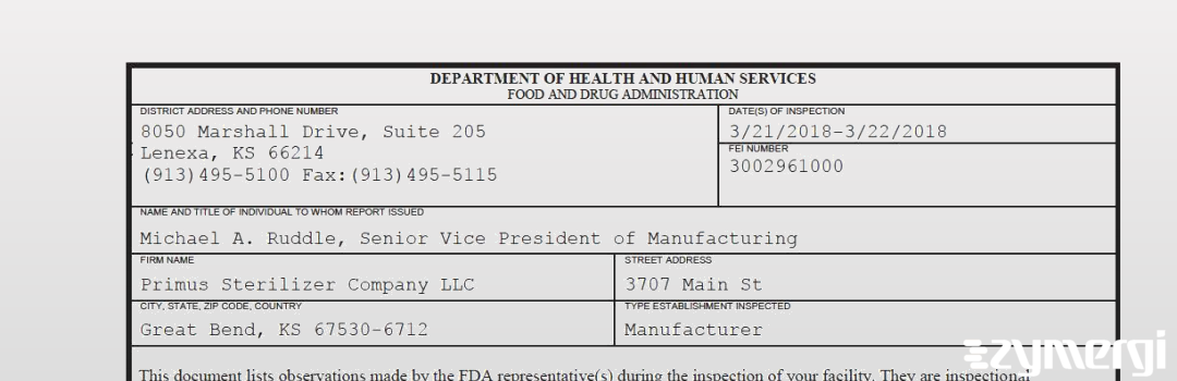 FDANews 483 Primus Sterilizer Company LLC Mar 22 2018 top