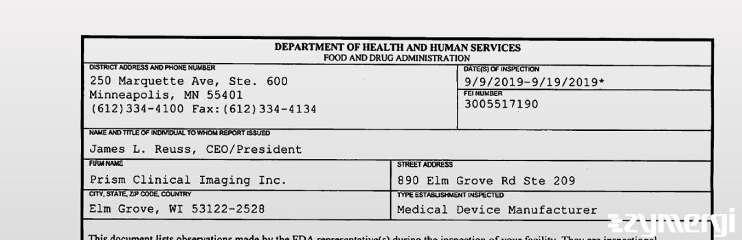 FDANews 483 Prism Clinical Imaging Inc. Sep 19 2019 top