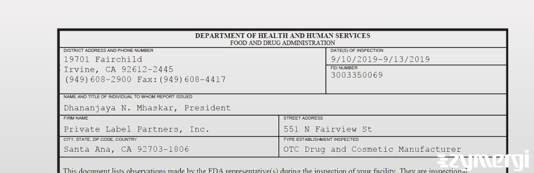 FDANews 483 Private Label Partners, Inc. Sep 13 2019 top