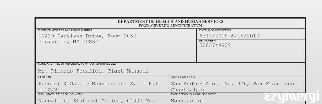 FDANews 483 Procter & Gamble Manufactura S. de R.L. de C.V. Jun 15 2018 top