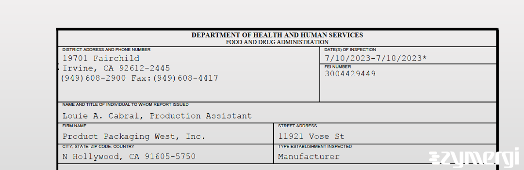 FDANews 483 Product Packaging West, Inc. Jul 18 2023 top