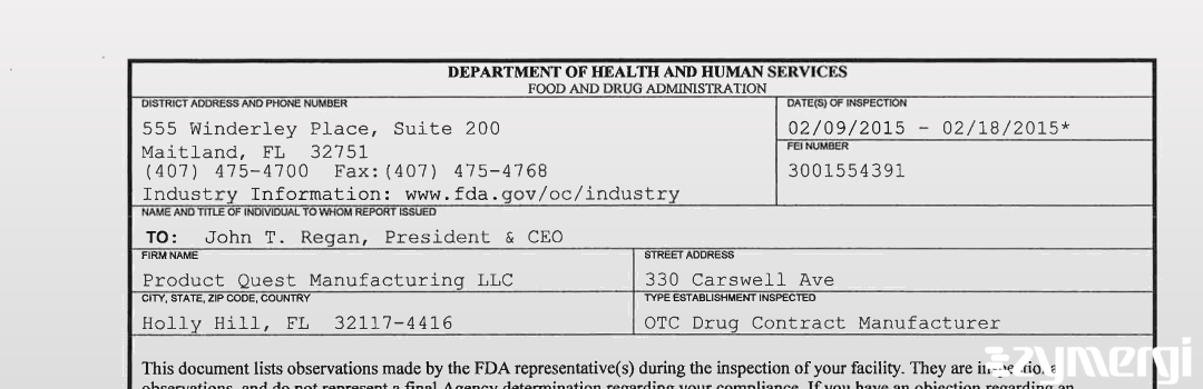 FDANews 483 Product Quest Manufacturing LLC Feb 18 2015 top