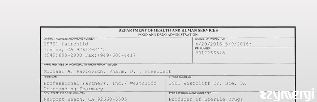 FDANews 483 Professional Partners, Inc./ Westcliff Compounding Pharmacy May 9 2016 top
